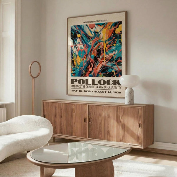 May include: Framed abstract art poster with vibrant blue, orange, and yellow paint splatters in Jackson Pollock style, displayed above mid-century walnut credenza in modern living room. White curved chair and glass coffee table visible. Poster features bold "POLLOCK" text and exhibition dates. Warm natural lighting creates shadows on cream walls.
