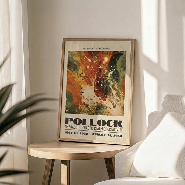 May include: Framed exhibition poster featuring abstract splattered artwork in vibrant oranges, greens, and reds with white splatters, displayed on round wooden side table next to beige upholstered chair. Natural sunlight streams across neutral wall creating soft shadows. Green plant leaves visible in corner of minimalist modern living space.