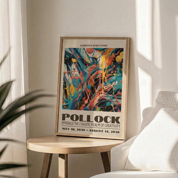 May include: Framed abstract art poster with vibrant swirling colors in blues, oranges, and yellows displayed on a round wooden side table next to a beige upholstered chair. Natural sunlight streams across white walls, with green plant leaves visible in the corner. The poster features bold text reading "POLLOCK" and exhibition details below the colorful abstract artwork.