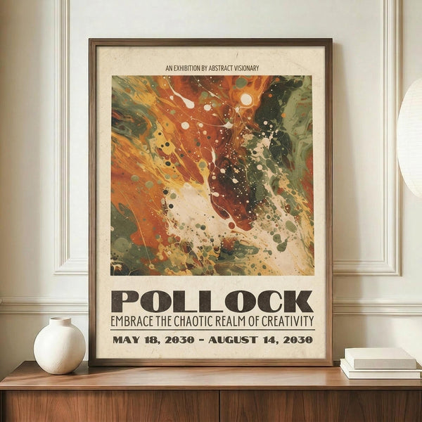 May include: Abstract art poster with vibrant orange, green, and white paint splatters and flowing brushstrokes in wooden frame, displayed on wooden sideboard next to white ceramic vase and stacked books against cream wall with white trim molding