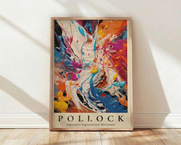 May include: Framed abstract expressionist poster with vibrant swirling paint in blues, oranges, purples, yellows and white against cream background. Text reads "POLLOCK Expressive Expressionist Movement" below colorful fluid artwork. Natural wood frame sits on light wooden floor against white wall with soft window light creating diagonal shadows.