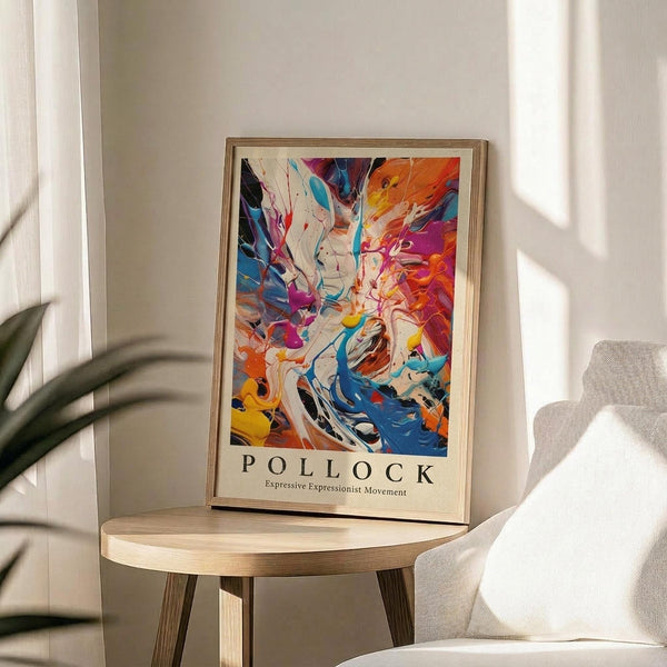 May include: Abstract expressionist art print in thin wooden frame displaying vibrant swirling colors including blue, orange, pink, purple, and white paint strokes. The framed poster sits on a round wooden side table next to a beige upholstered chair, with a plant casting shadows on white walls in natural sunlight.