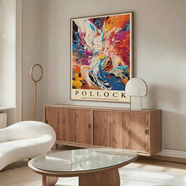 May include: Colorful abstract art poster with vibrant paint splatters in blues, oranges, purples, and yellows displayed in thin gold frame above modern walnut credenza. White sculptural chair and glass-top oval coffee table visible in minimalist living room with cream walls and natural lighting.