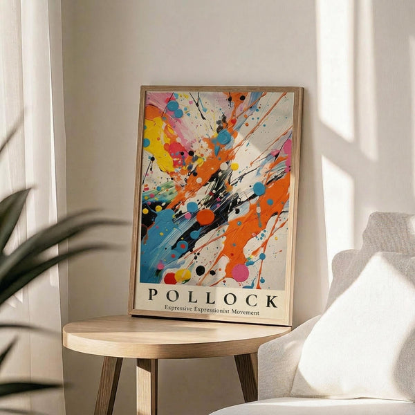 May include: Abstract expressionist art poster with explosive paint splatters in vibrant orange, yellow, blue, pink and black colors radiating from center on cream background. Text reads "POLLOCK Expressive Expressionist Movement" at bottom. Displayed in thin wooden frame on round wooden side table next to beige upholstered chair with plant shadow cast on white wall behind.