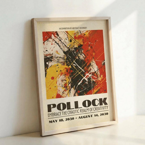 May include: Abstract expressionist style poster print in light wooden frame, leaning against white wall. Features dynamic splattered paint composition with bold red, yellow, black and white colors, energetic brushstrokes and drips. Text reads "POLLOCK" in large letters with "EMBRACE THE CHAOTIC REALM OF CREATIVITY" and exhibition dates "MAY 18, 2030 - AUGUST 14, 2030" below the artwork.