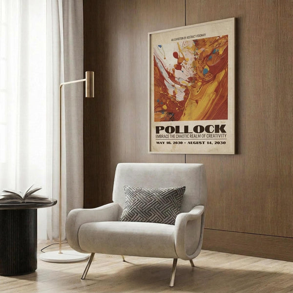 May include: Abstract expressionist exhibition poster featuring vibrant orange, red, and yellow paint splatters with "POLLOCK" text and exhibition dates, displayed in cream frame on wood-paneled wall above beige upholstered chair with geometric patterned pillow, brass floor lamp, and dark round side table with open book nearby.