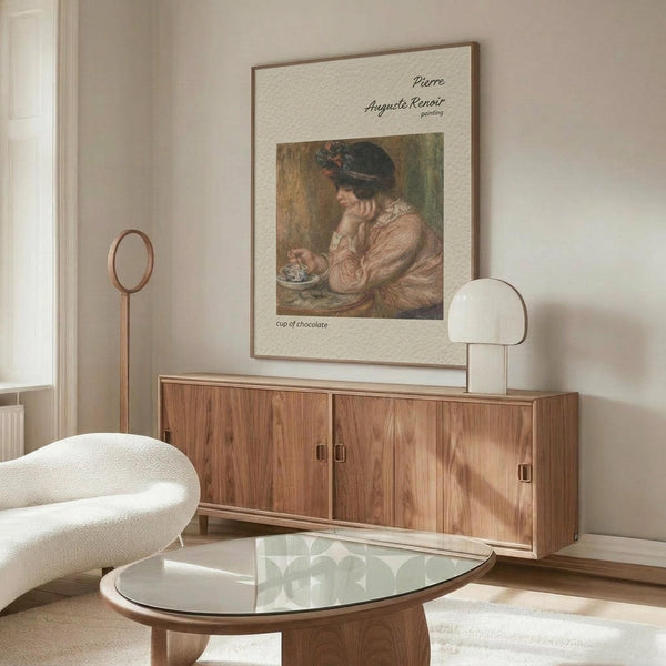 May include: Framed Renoir reproduction print showing woman in pink dress and dark hat holding teacup, displayed above wooden sideboard in modern living room with cream walls, white curved chair, glass coffee table, and warm natural lighting creating soft shadows.