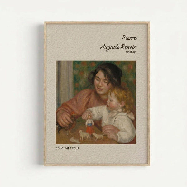 Framed art print showing Renoir's impressionist painting of a woman in reddish-brown clothing sitting with a blonde child in white. They're playing with small toys including a doll and animals on a table. The painting has soft, warm tones with green and orange background. Displayed in light wood frame with beige matting against white wall.