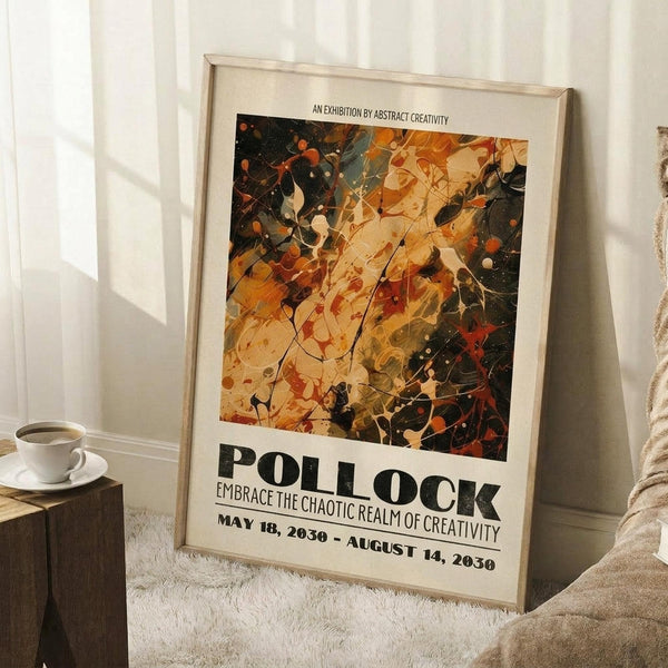 May include: Framed abstract art poster with Jackson Pollock-style paint splatters in autumn colors of orange, yellow, black and cream, leaning against white wall next to wooden side table with coffee cup, positioned on light textured rug with beige throw blanket visible at edge.