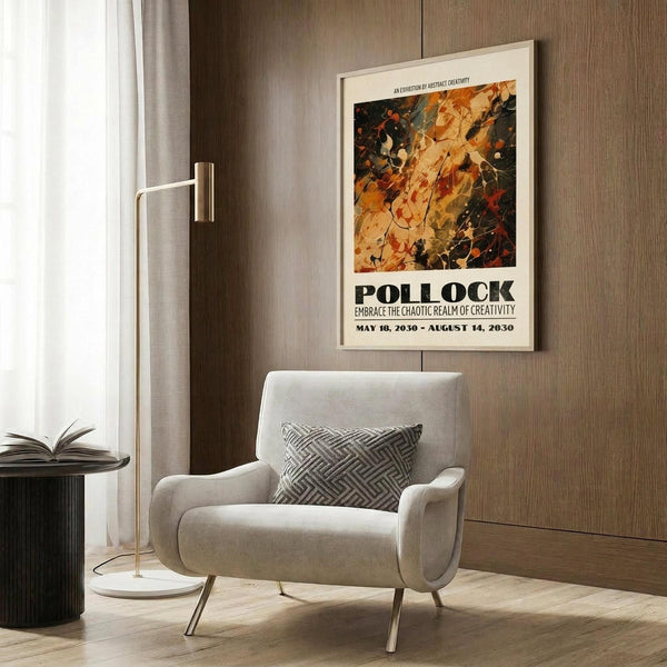 May include: Framed abstract art poster with vibrant orange, black and cream paint splatters hanging on wood-paneled wall above cream upholstered armchair with geometric throw pillow. Modern brass floor lamp and round black side table with open book visible. Warm neutral interior with natural lighting from window.