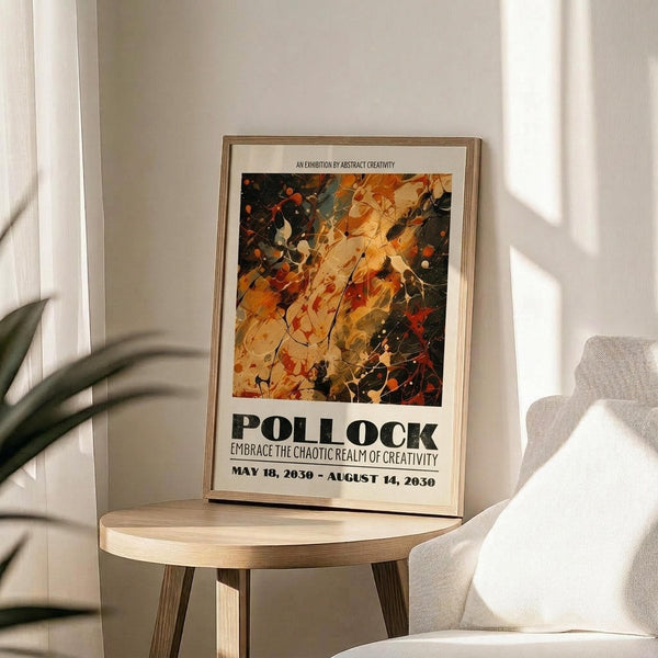 May include: Framed abstract art poster with vibrant orange, black, and cream paint splatters in Jackson Pollock style, displayed on round wooden side table next to beige upholstered chair. Soft natural lighting creates shadows on white wall. Green plant leaves visible in corner. Poster features bold "POLLOCK" text and exhibition dates below colorful drip painting artwork.