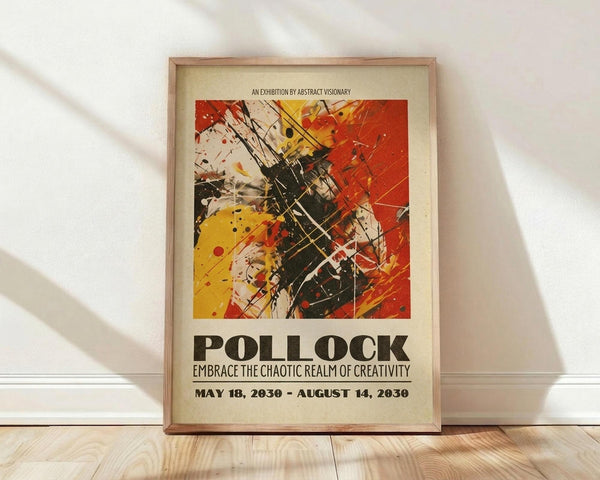 May include: Framed abstract art poster with vibrant red, yellow, black and white paint splatters and dynamic brushstrokes in Jackson Pollock style, displayed in light wood frame against white textured wall on natural wood floor with soft window light creating diagonal shadows across the scene.
