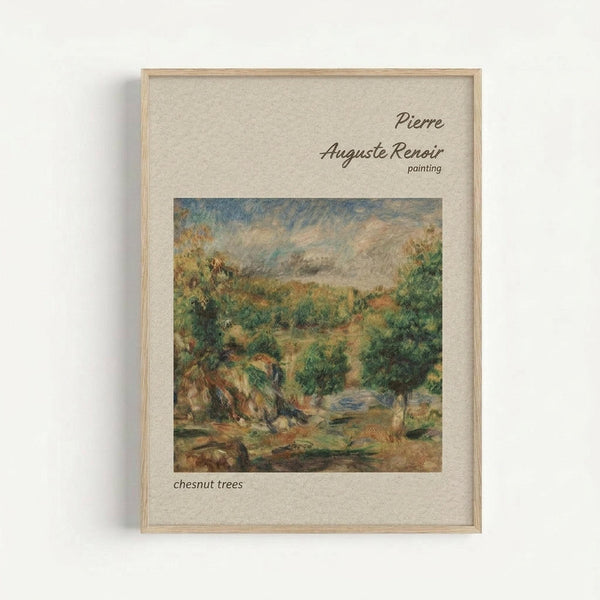 May include: Framed art print displaying Pierre Auguste Renoir's impressionist landscape painting featuring lush green chestnut trees, warm earth tones, and soft brushstrokes. The artwork is matted in cream with black text identifying the artist and title, set in a light wood frame against a white wall.