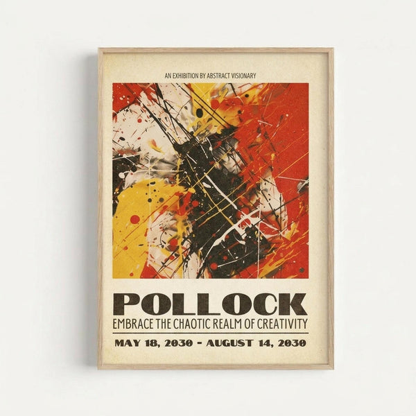 May include: Framed abstract art poster with energetic paint splatters and brushstrokes in red, yellow, black and white on cream background. Bold "POLLOCK" text below artwork with exhibition details. Light wood frame mounted on white wall, casting subtle shadow.