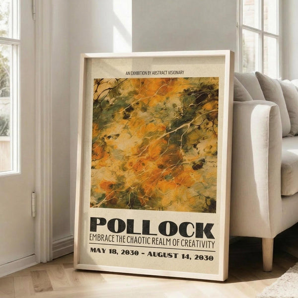 May include: Framed abstract art exhibition poster with warm autumn colors in oranges, yellows and greens displayed in bright living room corner next to beige sofa. The vintage-style poster features paint splatters and organic textures with bold black text below the artwork announcing exhibition dates.