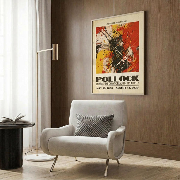 May include: Abstract expressionist poster with bold red, yellow, and black paint splatters and dynamic brushstrokes displayed in cream matting and light wood frame. Hanging on wood-paneled wall above modern gray upholstered armchair with geometric patterned pillow. Contemporary room setting features brass floor lamp, dark round side table with open book, and natural lighting from window with curtains.