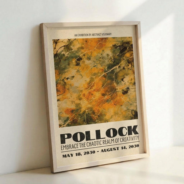May include: Framed abstract art exhibition poster leaning against white wall. Features Jackson Pollock-style paint splatters in autumn colors - orange, yellow, green, and brown with white drip lines. Text reads "POLLOCK" in bold black letters with "EMBRACE THE CHAOTIC REALM OF CREATIVITY" and dates "MAY 18, 2030 - AUGUST 14, 2030" below. Light wood frame with white matting, soft natural lighting creating gentle shadows.