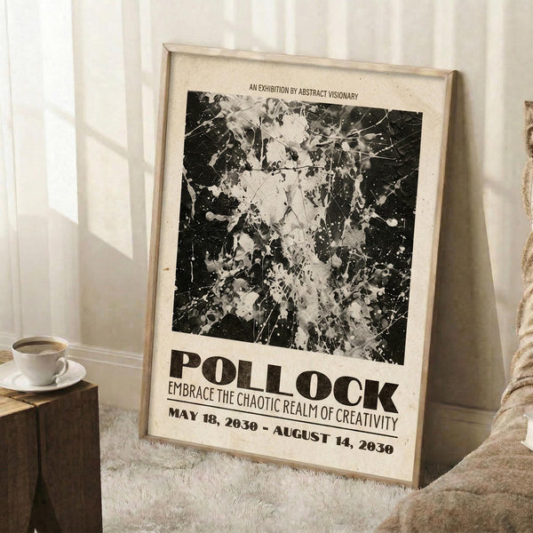 May include: Framed vintage-style exhibition poster leaning against white wall beside cozy chair. Black and white abstract splatter artwork dominates the design with bold "POLLOCK" text and exhibition dates from 2030. Warm lighting creates soft shadows, coffee cup sits on wooden block nearby, cream textured rug below.