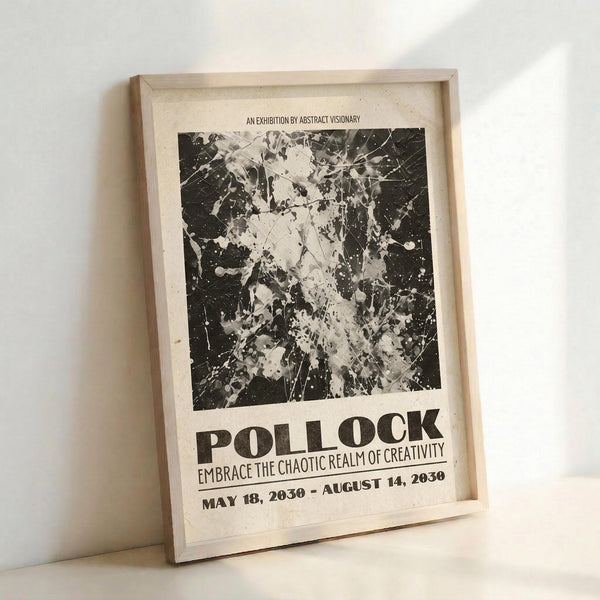 May include: Framed exhibition poster in light wood frame leaning against white wall. Features black and white abstract splatter artwork reminiscent of Jackson Pollock's drip painting style with chaotic paint splatters and drips across dark background. Bold text reads "POLLOCK" and "EMBRACE THE CHAOTIC REALM OF CREATIVITY" with exhibition dates. Cream-colored paper background with vintage poster aesthetic.