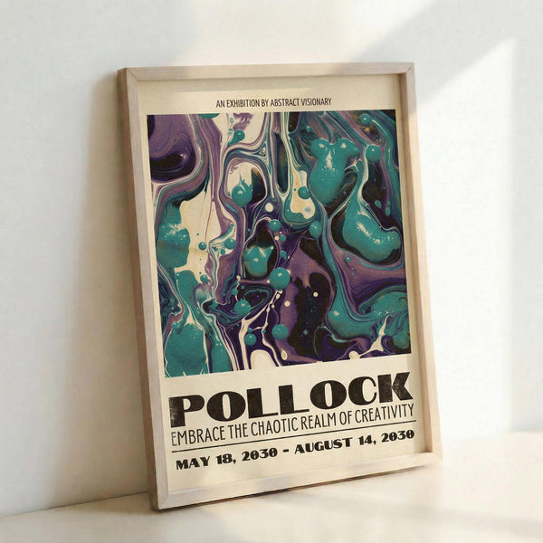 May include: Framed abstract art poster with swirling marbled patterns in teal, purple, and cream colors, displayed against white wall. The artwork features fluid, organic shapes reminiscent of paint mixing or liquid marble effects. Light wooden frame surrounds cream-colored poster with bold black typography at bottom. Poster leans casually against wall surface, showing natural lighting and shadows.