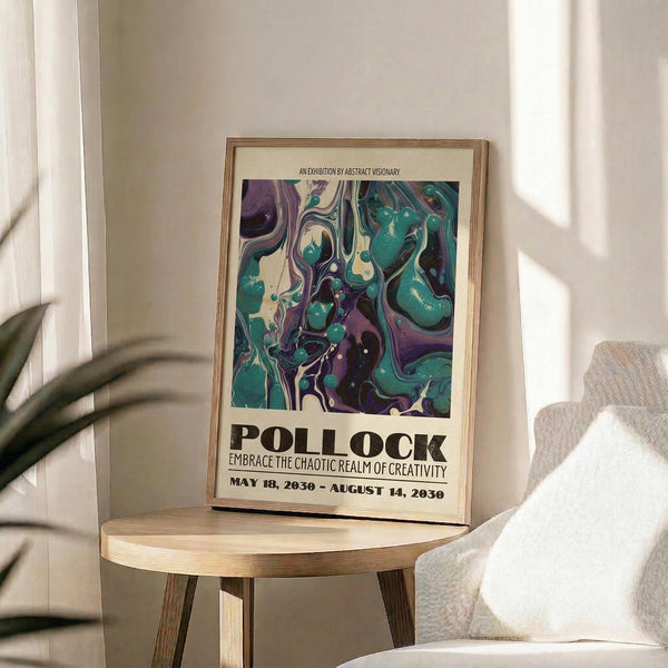 May include: Abstract art poster with swirling teal, purple, and cream marbled patterns in wooden frame, displayed on round wooden stool beside beige upholstered chair. Natural sunlight streams across white walls creating geometric shadows. Green plant leaves visible in corner of minimalist modern interior setting.