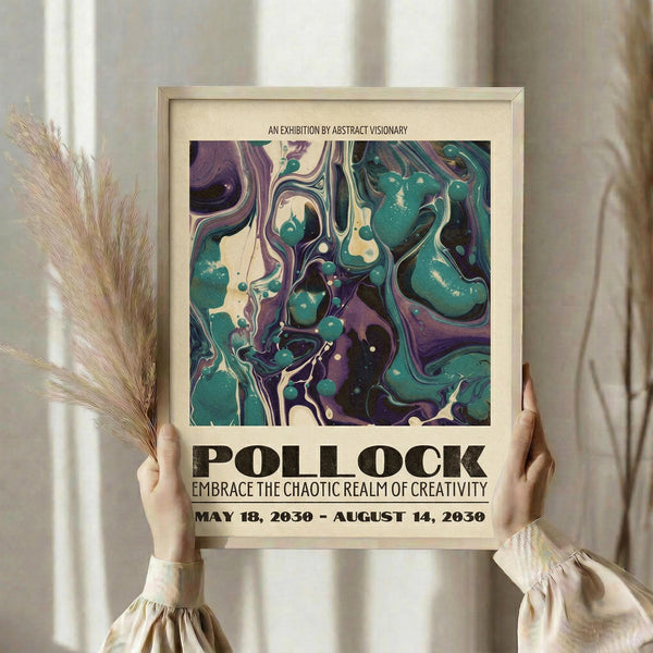 May include: Person holding framed abstract art poster featuring swirling marbled pattern in teal, purple, and cream colors. Exhibition-style design with "POLLOCK" text and dates "MAY 18, 2030 - AUGUST 14, 2030". Light wood frame against neutral background with dried pampas grass visible to the left. Hands wearing cream knit sleeves display the artwork.