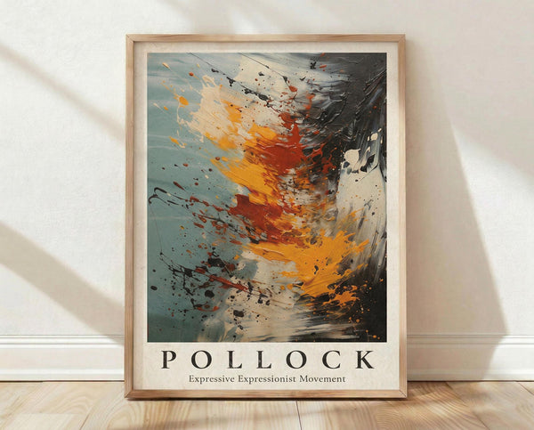 May include: A framed abstract art print with dynamic paint splatters and brushstrokes in vibrant orange, red, turquoise, black and cream colors, displayed against a white textured wall on light wood flooring. The wooden frame sits on the floor with dramatic shadows cast across the wall, showcasing the energetic expressionist style artwork with bold color contrasts and fluid paint movement.