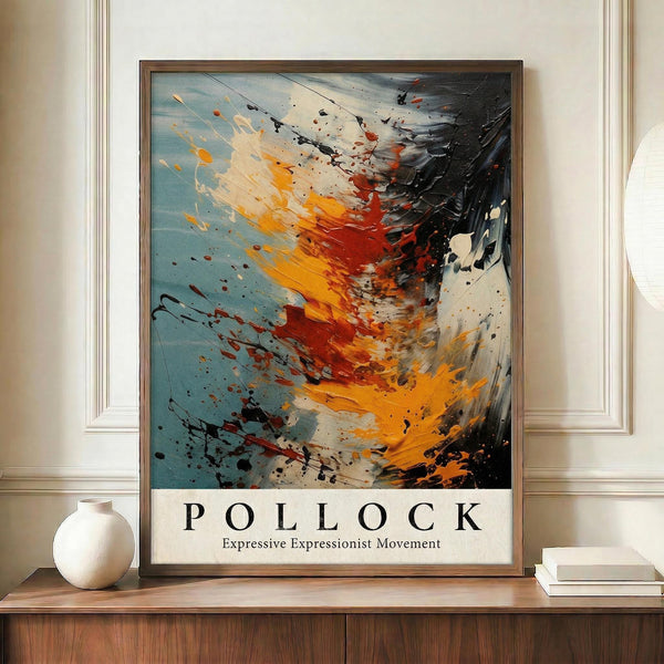 May include: Abstract expressionist artwork with dynamic splashes of orange, red, black and white paint on blue background, displayed in brown wooden frame on wooden sideboard next to white ceramic vase and stacked books in elegant room with cream walls and white molding.