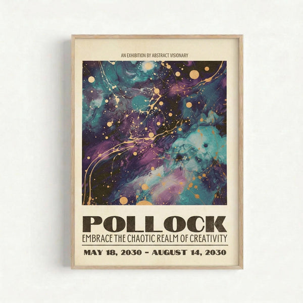 May include: Framed abstract art poster with cosmic purple, teal and gold swirling patterns resembling galaxy nebulae, displayed on white wall in light wooden frame. The artwork features flowing organic shapes, scattered circular elements, and dynamic brushstroke-like movements across a dark starry background with vibrant color gradients.