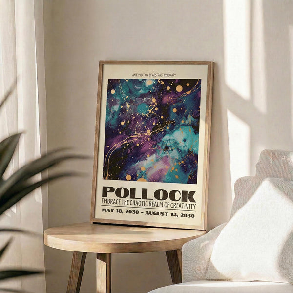 May include: Abstract art poster with swirling purple, teal and blue cosmic design featuring golden dots and flowing lines, displayed in light wood frame on round wooden side table next to beige upholstered chair. Soft natural lighting creates shadows on cream wall with white curtains and green plant leaves visible in bright, minimalist living room setting.