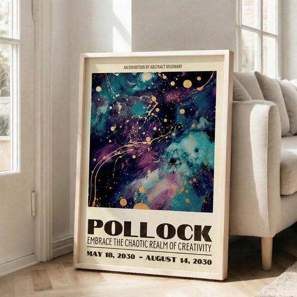 May include: Framed abstract art poster leaning against white wall next to beige sofa in bright living room. Artwork features swirling cosmic design with deep purples, teals, and navy blues, scattered with golden circles and flowing lines. White matted frame displays exhibition-style poster with bold black text below the celestial abstract image. Natural sunlight streams through tall windows onto wooden floors.