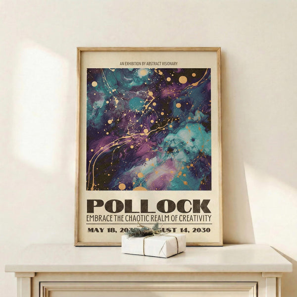 May include: Framed poster with abstract cosmic artwork featuring swirling purple, teal, and dark blue colors with golden dots and flowing lines, displayed on light wood shelf against cream wall. Small wrapped gift box with feather sits in front of natural wood frame.