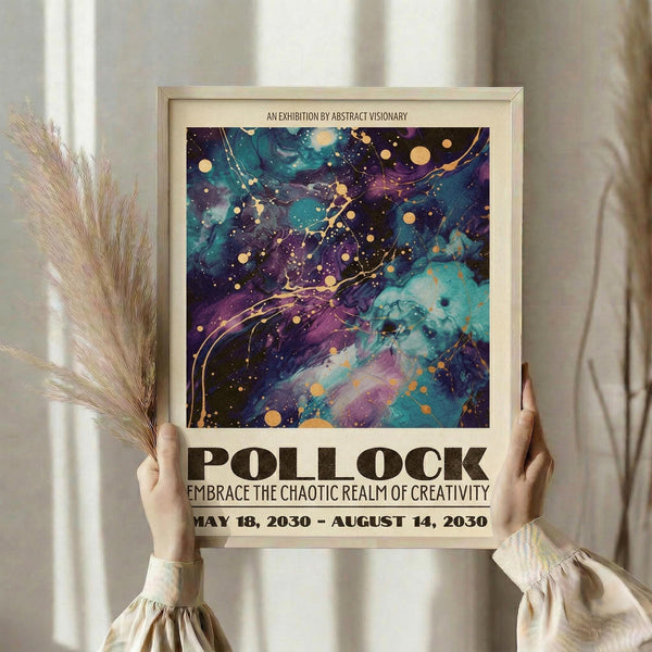 May include: Person holding framed abstract art poster featuring swirling cosmic design in deep purples, teals, and blues with gold splatter accents. White wooden frame against neutral curtained background with dried wheat stems visible on left side.