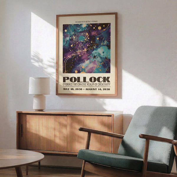May include: Abstract art poster with cosmic swirls in deep blues, purples, and teals with golden dots and flowing lines, displayed in wooden frame above mid-century modern credenza with table lamp, next to sage green upholstered armchair with wooden arms in sunlit room with white walls and hardwood floors.