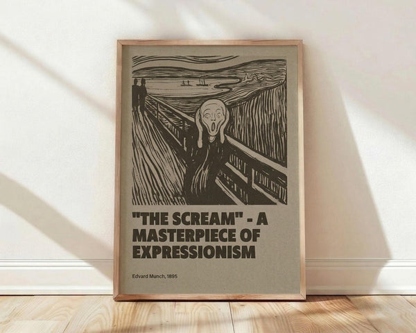 May include: Framed poster print of Edvard Munch's famous expressionist artwork showing a figure with hands to face in anguish on a bridge, with swirling sky lines. Black and white reproduction with bold text below reading "THE SCREAM - A MASTERPIECE OF EXPRESSIONISM" and "Edvard Munch, 1895". Light wood frame against white wall on wooden floor with natural window lighting creating soft shadows.
