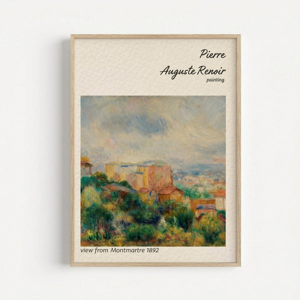 A framed art print featuring a Pierre-Auguste Renoir painting from 1892 showing an impressionistic landscape view from Montmartre. The artwork displays soft brushstrokes in warm earth tones, greens, and muted blues, depicting buildings nestled among lush vegetation under a cloudy sky. The print is mounted in a light wooden frame with cream matting and displayed against a white wall.