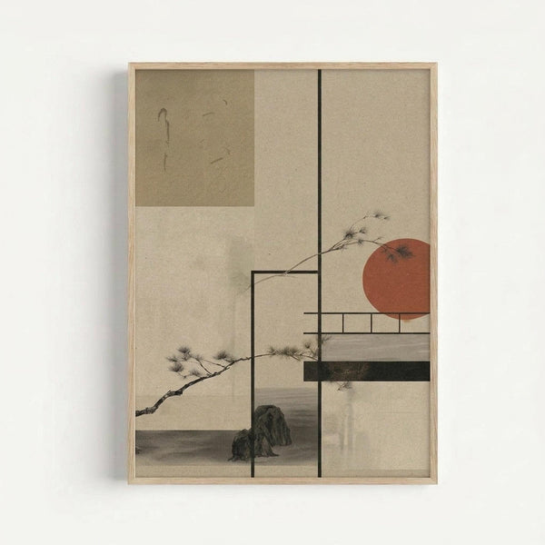 Framed artwork featuring a minimalist composition with geometric rectangular sections containing traditional Japanese-style pine branches with delicate needles, a rust-colored circular sun, and muted green rock formations. The piece uses neutral beige and cream tones with black linear divisions creating an organized grid layout, combining classical ukiyo-e elements with modern geometric design in a light wood frame against a white wall.