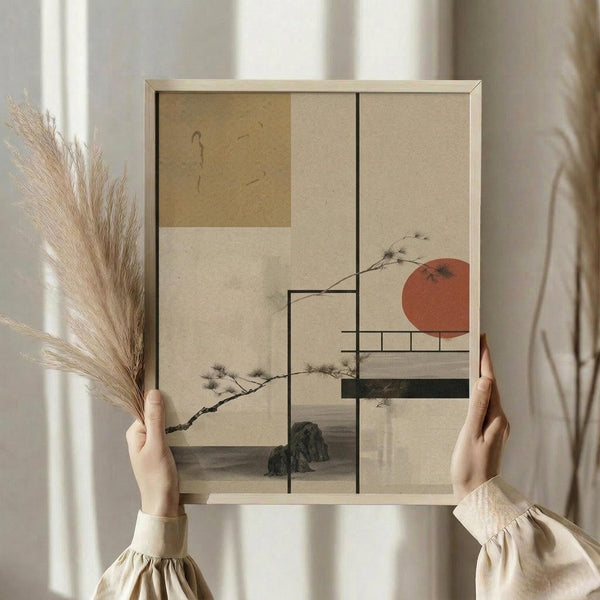 May include: Person in cream ruffled sleeve top holding framed Japanese-inspired artwork featuring geometric beige panels, red sun, delicate pine branches, and dark rocks. Golden wheat stalks visible on left. Soft natural lighting against neutral curtained background creates minimalist aesthetic.