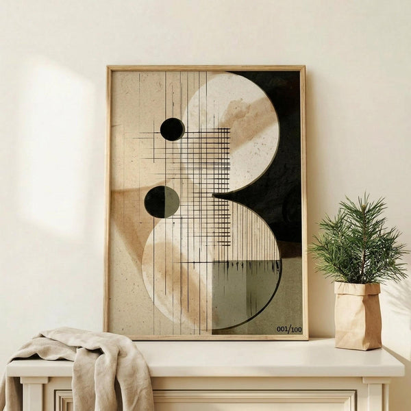 May include: Abstract geometric poster in wooden frame featuring curved shapes in beige and black, linear grid patterns, and circular elements, displayed on light wood console table with folded cream blanket and small potted evergreen plant in brown paper bag planter against white wall