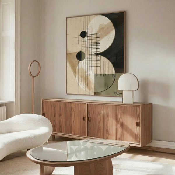 May include: Abstract geometric poster with cream, black, and olive green curved shapes, fine line details, and small black circles mounted above a walnut wood credenza in a modern living room with white curved chair, glass oval coffee table, and warm natural lighting.