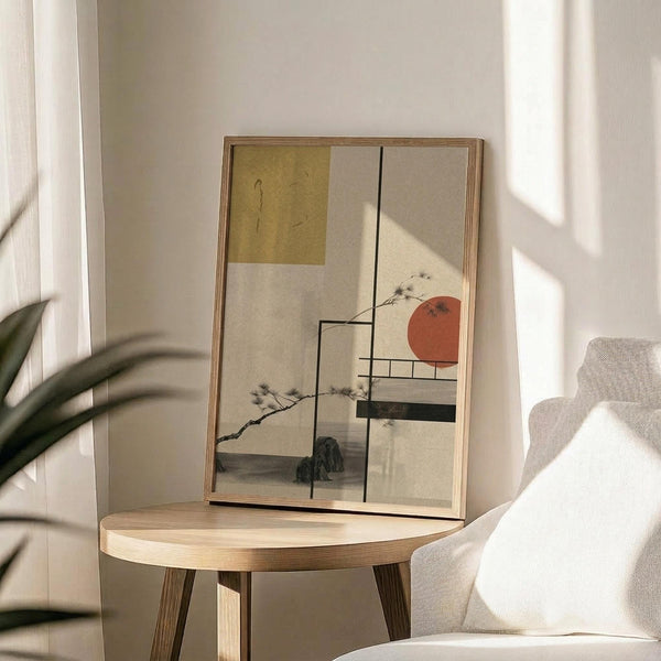 May include: Japanese-inspired artwork in wooden frame on round wooden table next to beige upholstered chair. Art features geometric composition with golden yellow rectangle, coral red circle, black linear elements, and delicate pine branch illustrations in muted earth tones. Natural lighting creates soft shadows across white wall background with plant leaves visible at left edge.