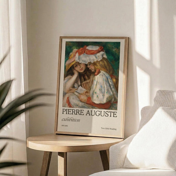 May include: Framed exhibition poster featuring Pierre Auguste Renoir's impressionist painting of two young girls in white dresses with red ribbons reading together. The poster has a cream mat and thin gold frame, displayed on a light wood round side table next to a beige upholstered chair. Soft natural lighting creates shadows on the white wall behind, with green plant leaves visible in the corner.