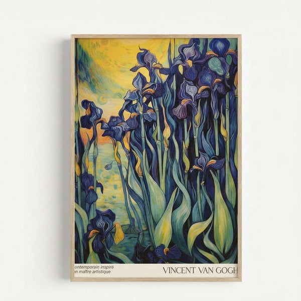 A framed art print featuring purple and blue iris flowers with flowing green stems and leaves against a swirling yellow and turquoise background in Van Gogh's distinctive post-impressionist style. The artwork displays bold brushstrokes and vibrant colors, with the irises arranged in a garden-like composition. The print is mounted in a light wooden frame and displayed against a white wall.