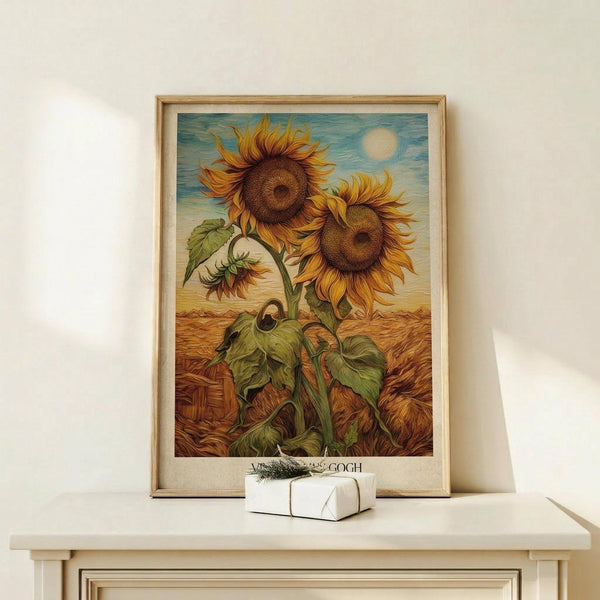 May include: Framed sunflower artwork print displayed on light wood console table against cream wall. The botanical illustration shows three large yellow sunflowers with brown centers and green leaves against blue sky with golden field background. Natural wood frame with white matting. Small wrapped gift box with twine sits beside the frame. Warm, minimalist home decor styling.