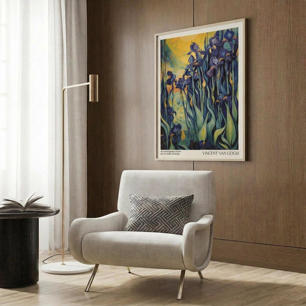 May include: Van Gogh's Irises poster in light wooden frame hanging on warm wood-paneled wall above beige upholstered armchair. Artwork shows purple irises with green stems against yellow background. Scene includes brass floor lamp, black side table with open book, geometric patterned throw pillow, and light curtains by window.