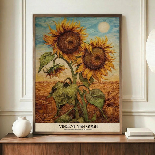 May include: Framed sunflower artwork in Van Gogh's distinctive swirling style displayed on wooden sideboard against cream wainscoted wall. The painting shows two large golden sunflowers with brown centers and flowing petals against blue sky with pale sun. Rich brushstrokes create movement in the orange-brown field below. White ceramic vase and stack of books sit alongside the brown-framed print.