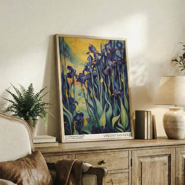 May include: Van Gogh-style poster print of blue and purple irises with flowing stems against a golden yellow sky background, displayed in thin wooden frame on rustic wood sideboard alongside fern plant, ceramic vase, stacked books, and cream upholstered chair in warmly lit living room setting.