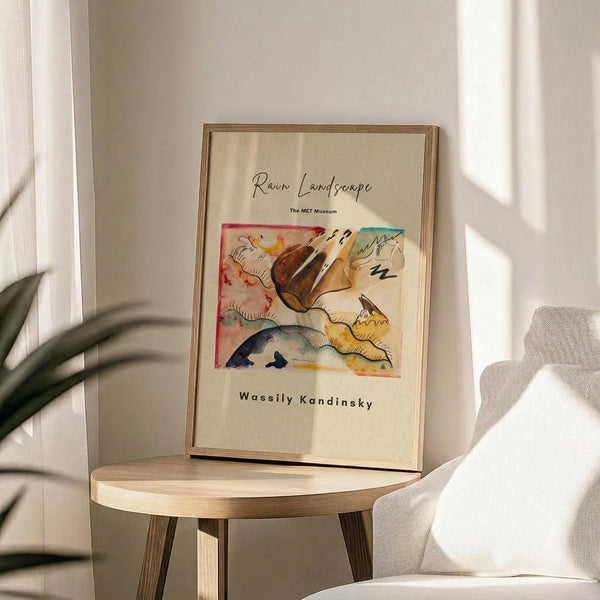 May include: Framed art print featuring abstract watercolor painting with flowing organic forms in warm browns, yellows, blues and coral tones. The piece displays flowing lines and cloud-like shapes characteristic of early abstract art. Print is displayed in thin wooden frame on round wooden side table next to beige upholstered chair, with plant leaves visible in soft natural lighting.