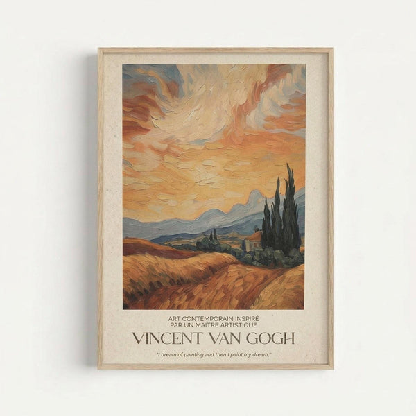May include: Framed art print mounted on white wall showing Van Gogh-inspired landscape with swirling orange and yellow sky, rolling golden wheat fields, dark cypress trees, and distant blue mountains. The poster features warm earth tones with expressive brushwork texture, displayed in light wood frame with cream matting and text below the artwork.