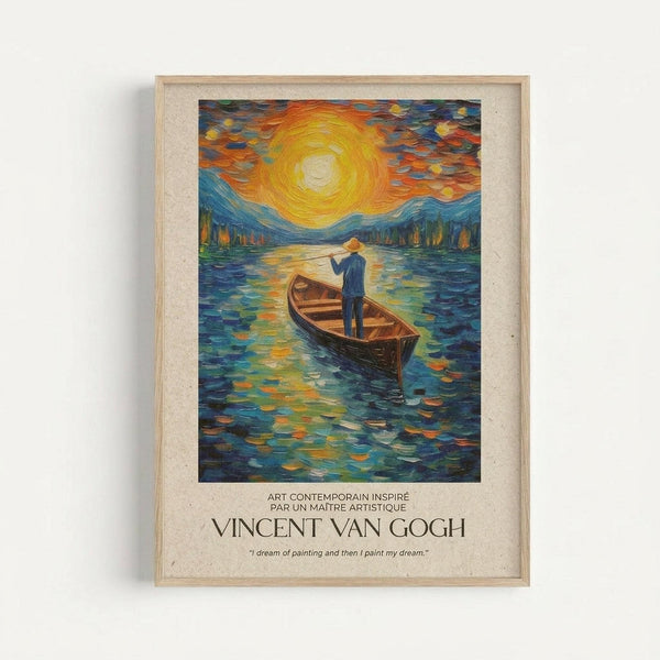 May include: Framed art print in light wood frame mounted on white wall, featuring impressionist-style painting of person in blue clothing standing in wooden rowboat on textured water, with swirling yellow sun and colorful sky above mountains and trees, includes text crediting Vincent van Gogh with inspirational quote below artwork